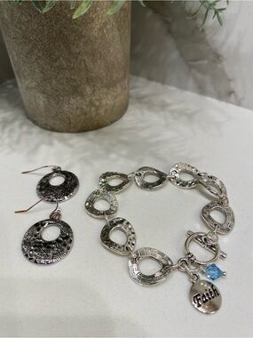 Hammered Silver - Toned Bracelet And Matching Earrings Set With Faith Charm